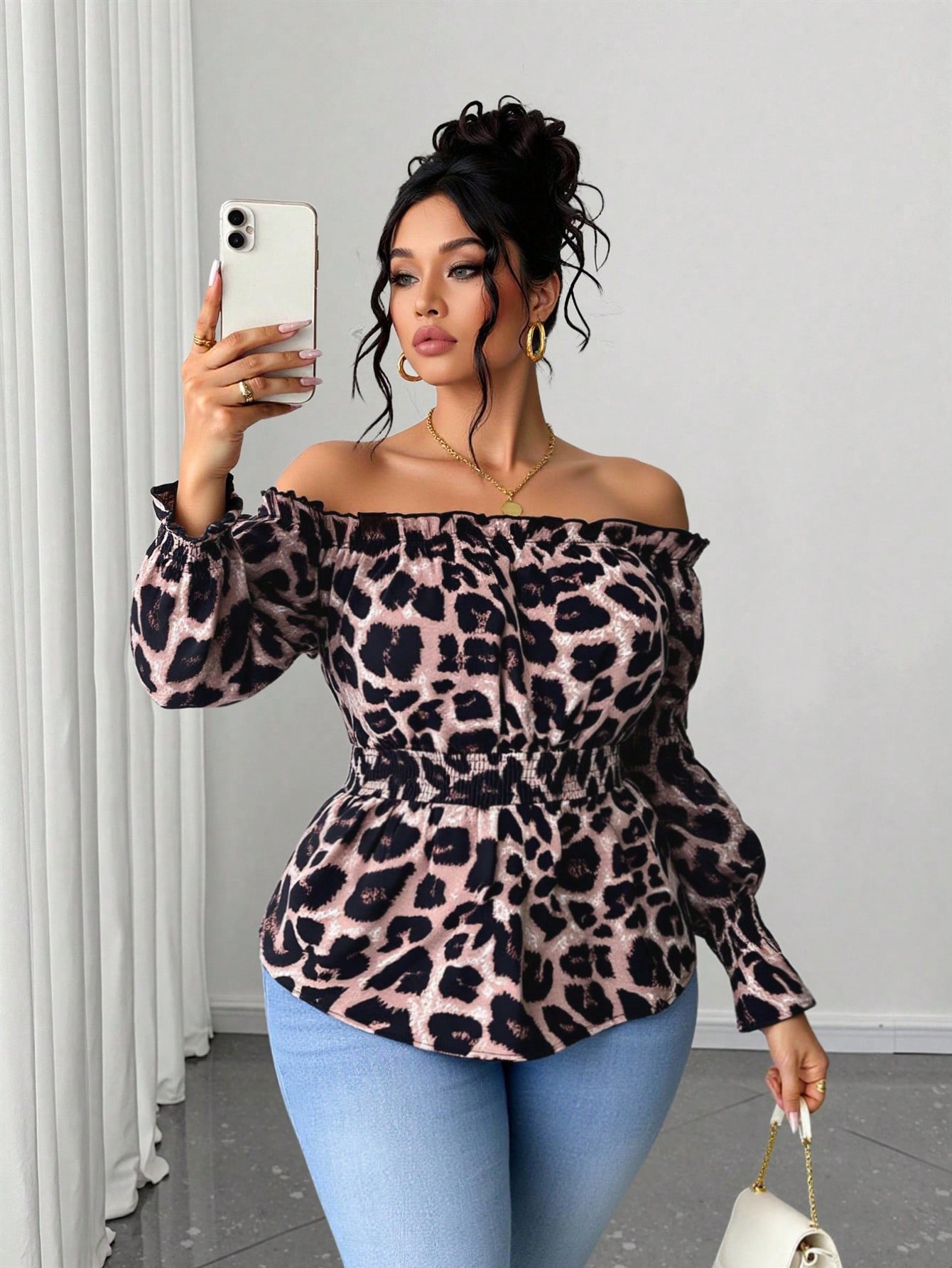 Plus Size Women Leopard Print  - Blouse Off Shoulder ulasan dan harga