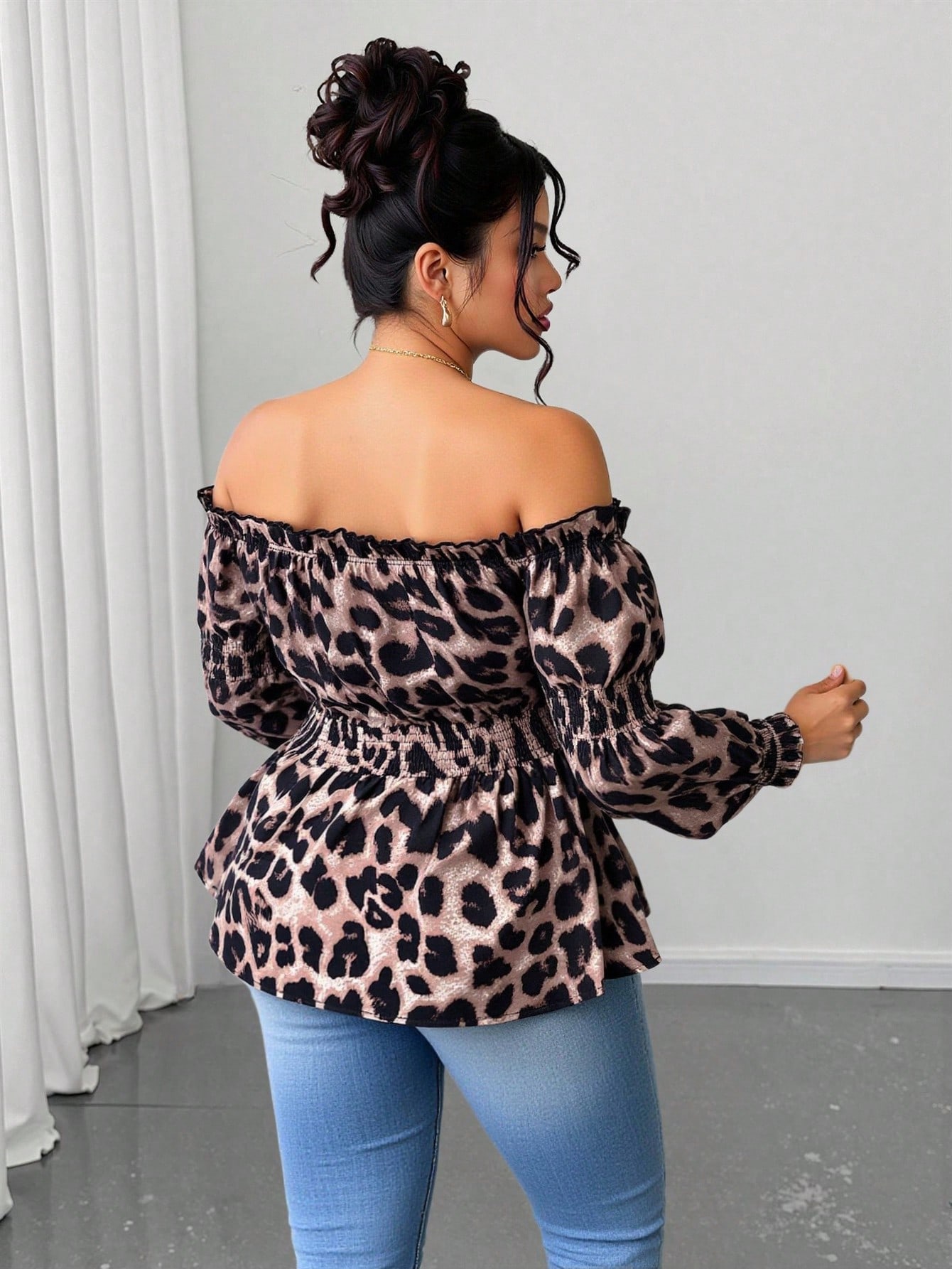 Plus Size Women Leopard Print  - Blouse Off Shoulder ulasan dan harga