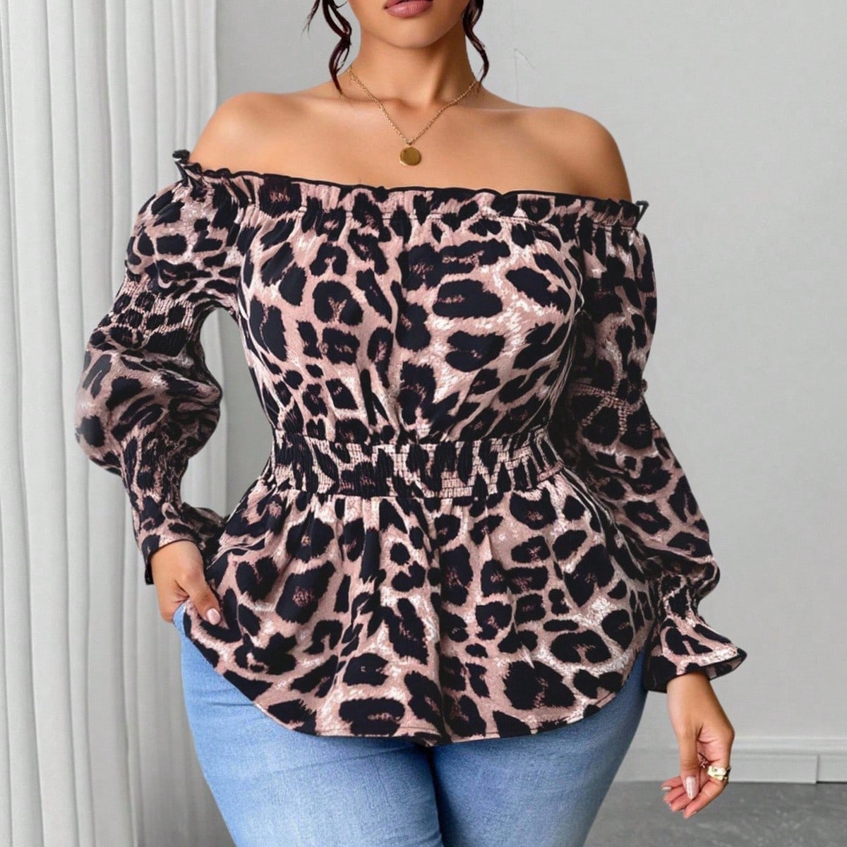 Plus Size Women Leopard Print  - Blouse Off Shoulder ulasan dan harga
