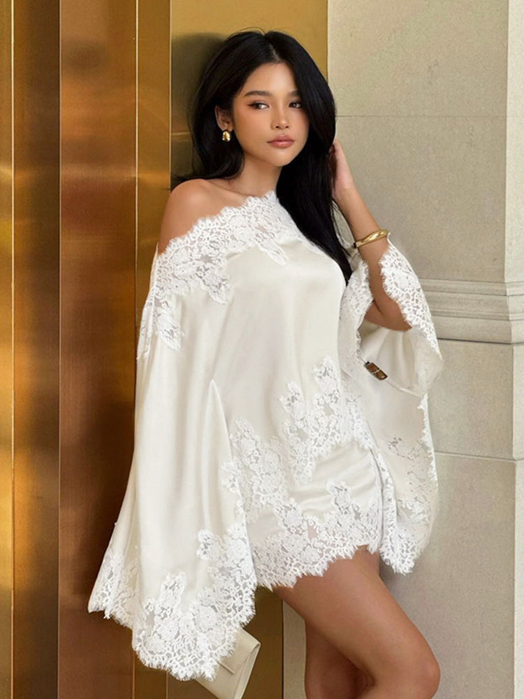 Elegant Lace Patchwork Women's - Blouse Off Shoulder ulasan dan harga