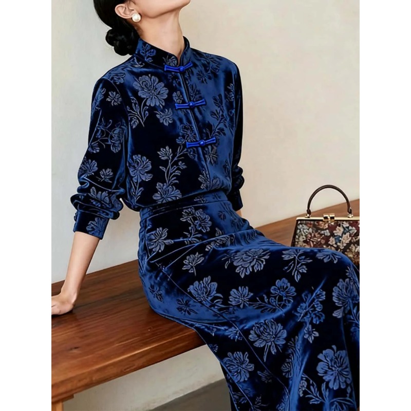Women New Chinese Style Velvet - Midi Skirt Floral ulasan dan harga