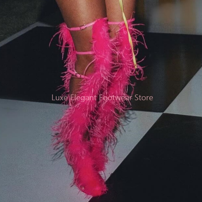 Pink Feather Strappy Hollow Bu - Sandal Strappy Heeled ulasan dan harga