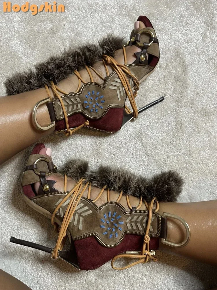 Patchwork Suede Faux Fur Decor - Sandal Strappy Heeled ulasan dan harga