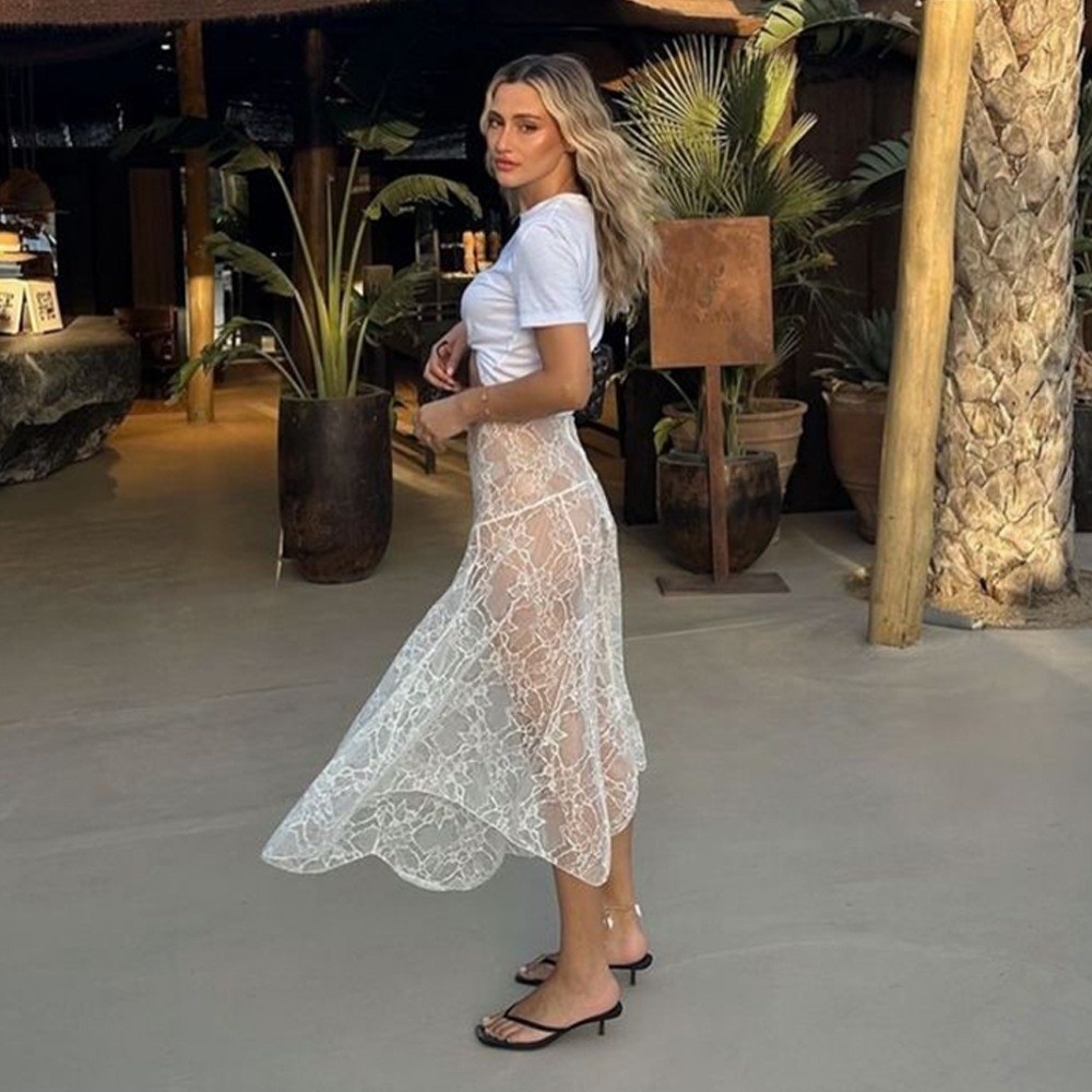 Solid Color Lace Beach Dress S - Midi Skirt Floral ulasan dan harga