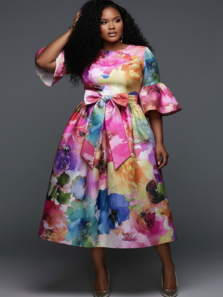 Plus Size Round Neck Flare Sle - Midi Skirt Floral ulasan dan harga